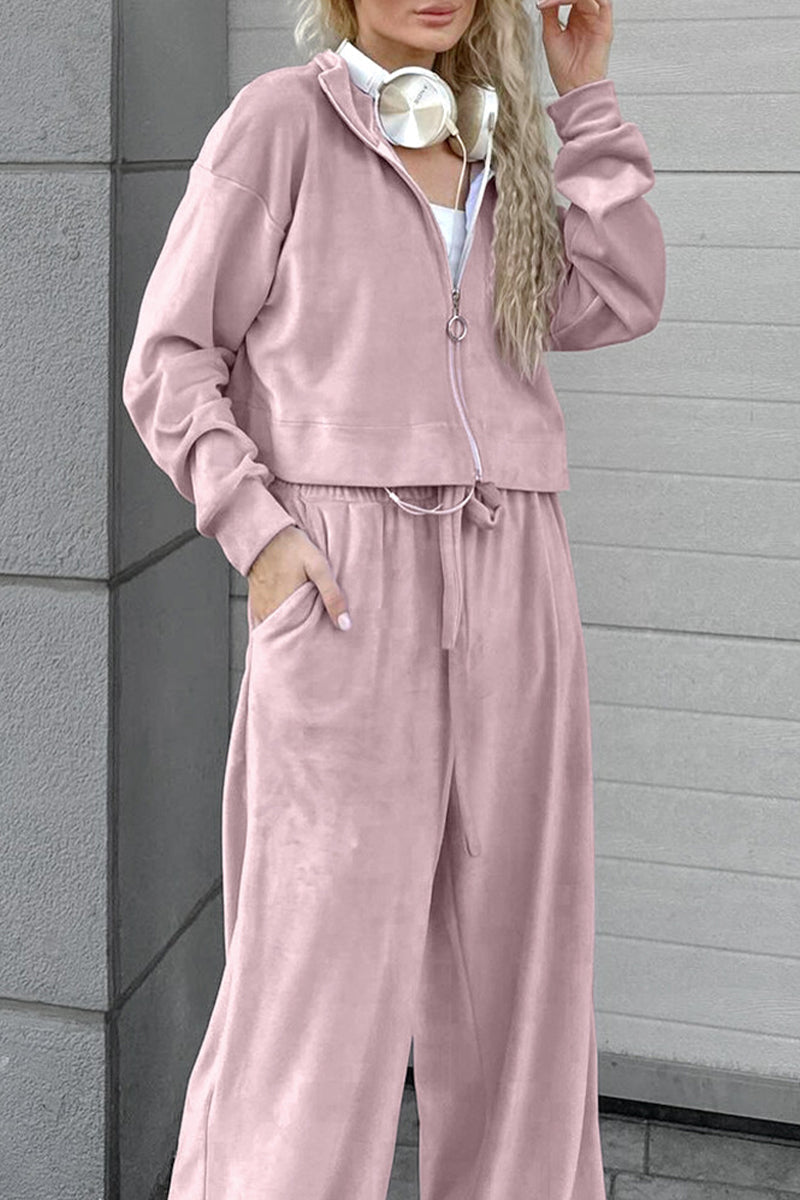 Casual Street Pocket Lace Up Turndown Collar Long Sleeve Two Pieces - Fashionpara