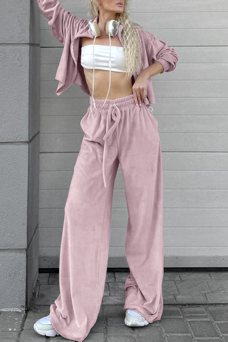 Casual Street Pocket Lace Up Turndown Collar Long Sleeve Two Pieces - Fashionpara