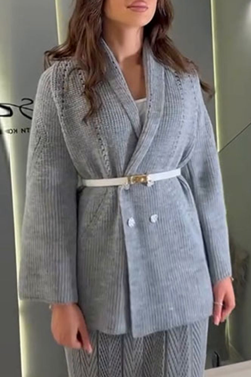 Belted Weave Turndown Collar Knitted Jacket - 3 Colors Available