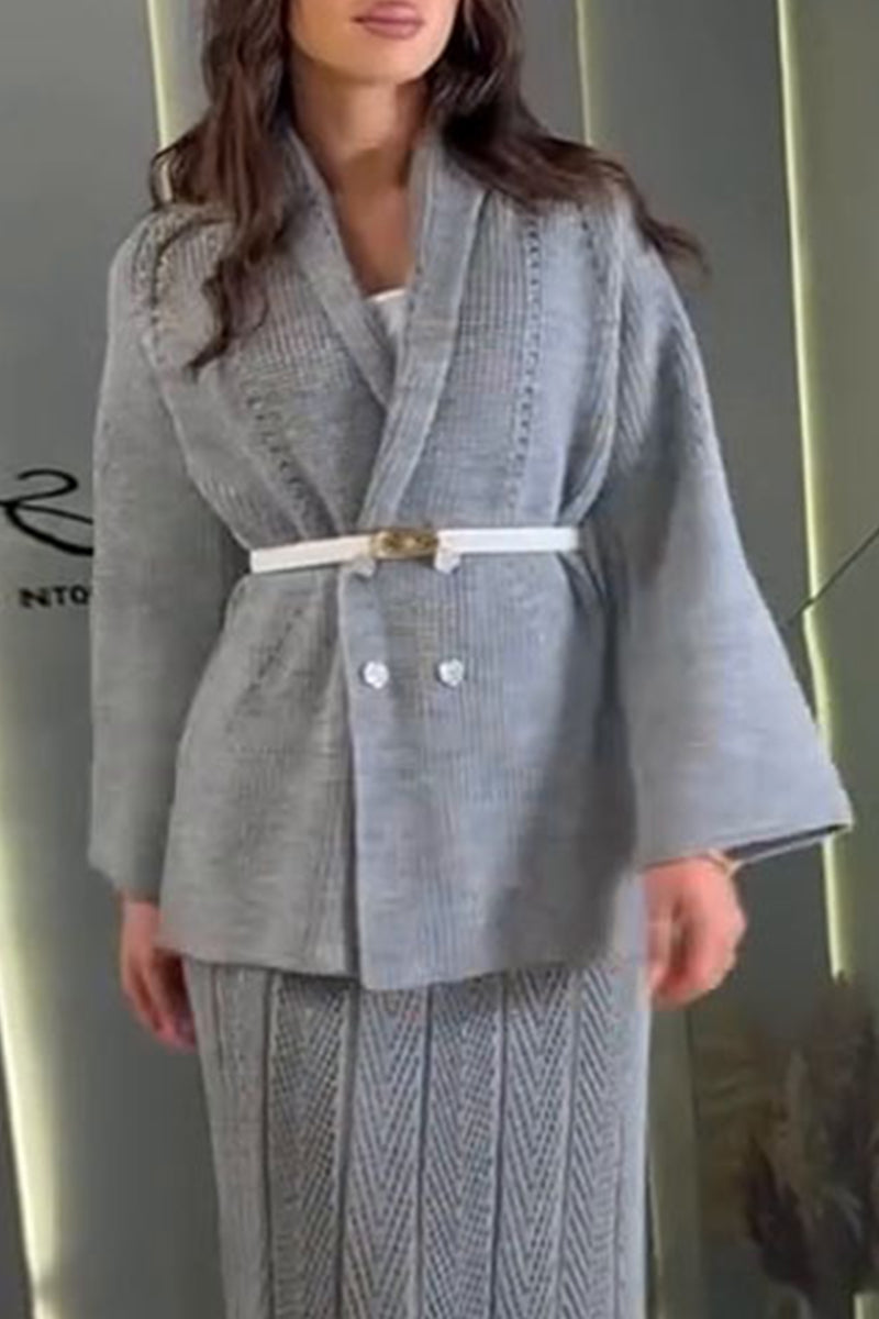 Belted Weave Turndown Collar Knitted Jacket - 3 Colors Available