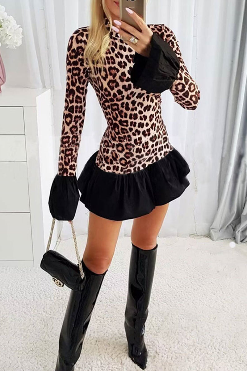 Sexy Leopard Patchwork Contrast Half A Turtleneck A Line Dresses - Fashionpara