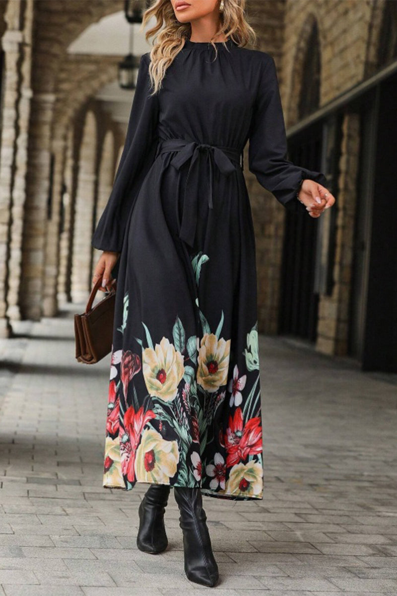 Elegant Floral Print Lace Up Half A Turtleneck A Line Dresses