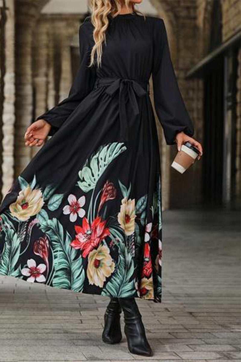 Elegant Floral Print Lace Up Half A Turtleneck A Line Dresses