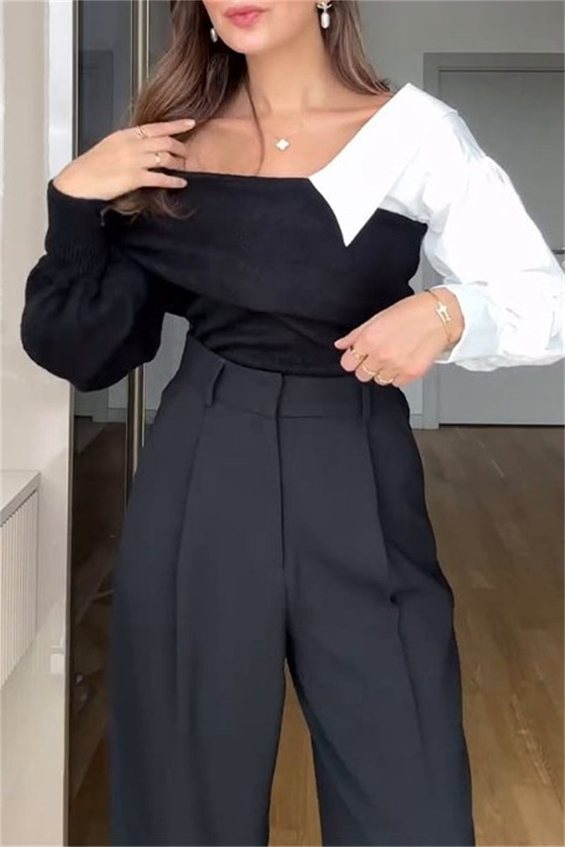 Florcoo Casual V Neck Patchwork Sweater for Effortless Style