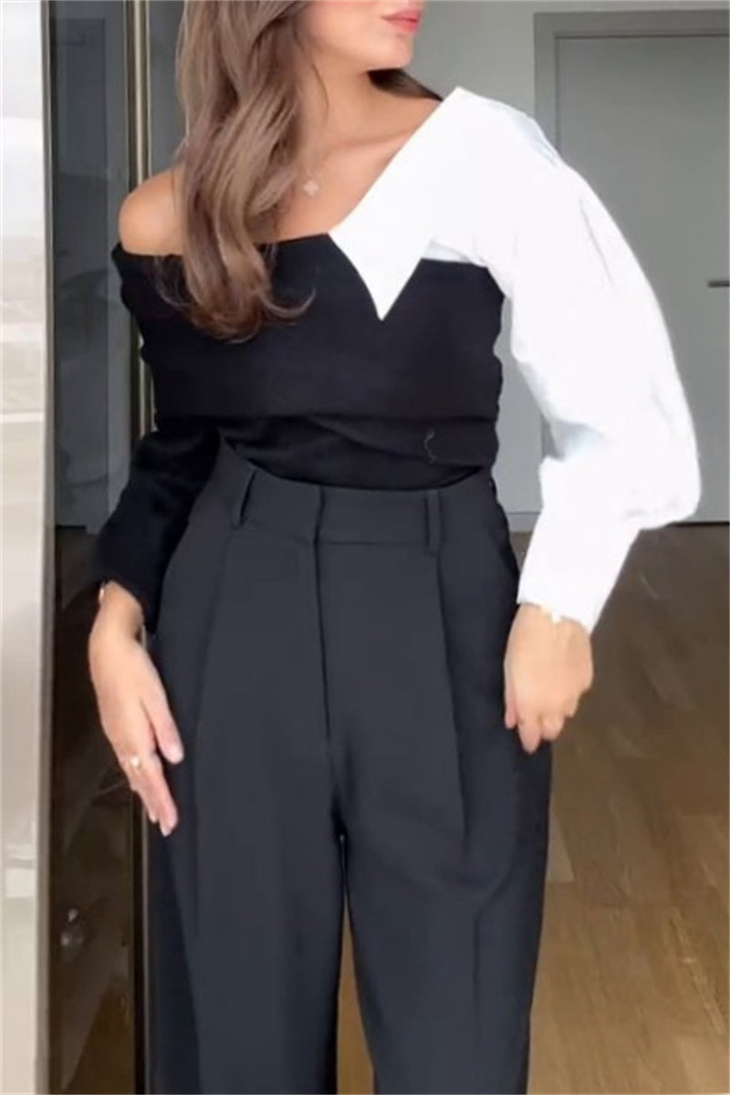 Florcoo Casual V Neck Patchwork Sweater for Effortless Style