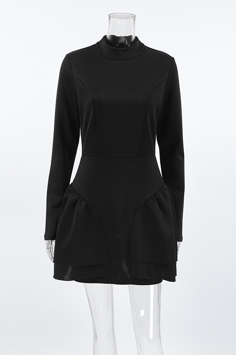 Casual Patchwork Ruffle Zipper Turtleneck A Line Dresses - Fashionpara