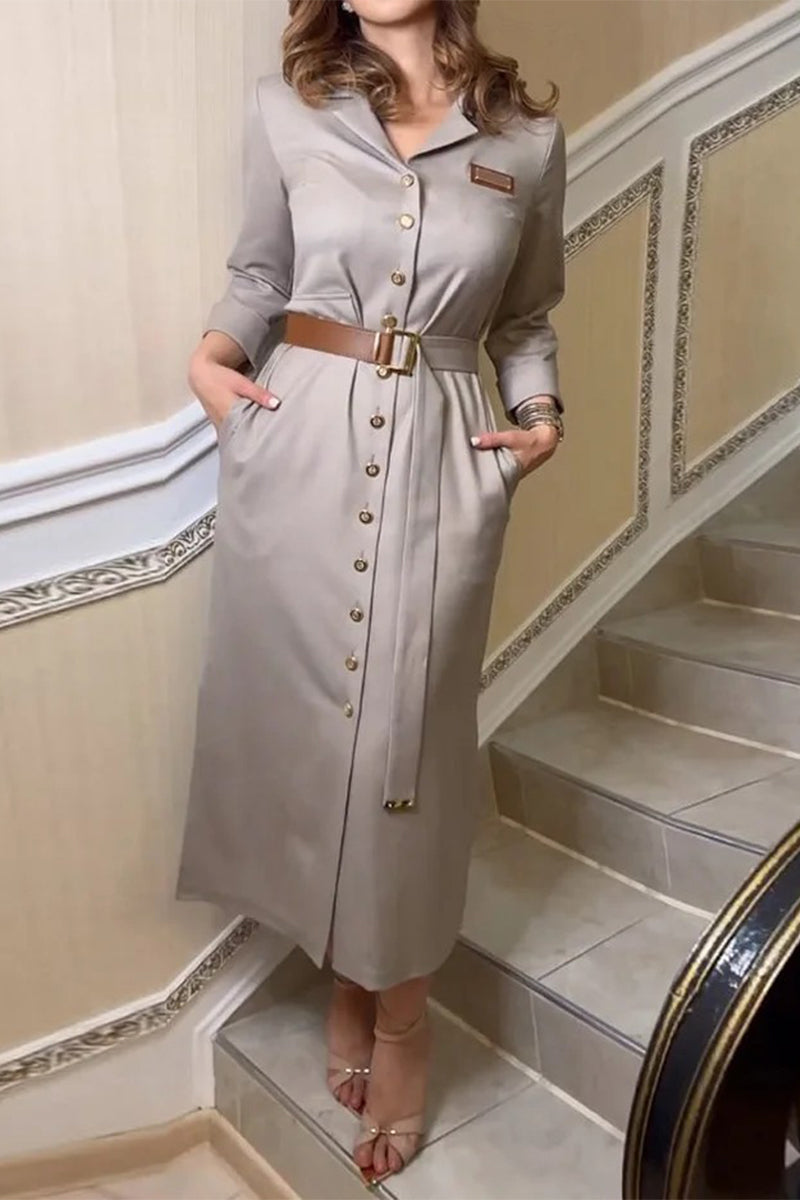 Casual Pocket Buckle With Belt Turndown Collar Shirt Dresses - Fashionpara