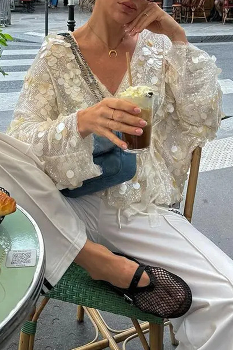 Casual Street Sequins Lace Up Sequined V Neck Tops - Fashionpara