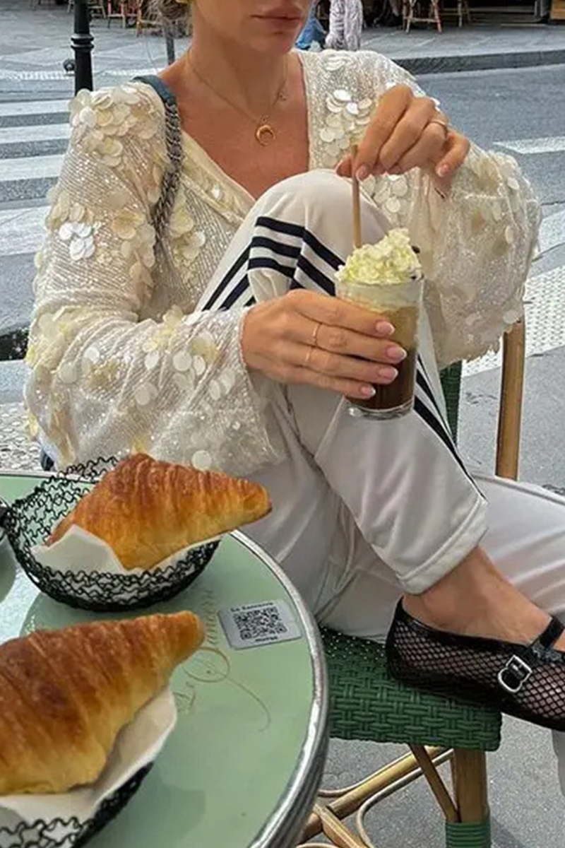 Casual Street Sequins Lace Up Sequined V Neck Tops - Fashionpara