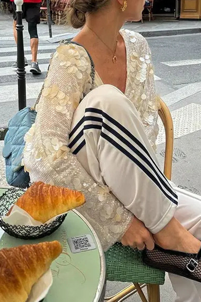 Casual Street Sequins Lace Up Sequined V Neck Tops - Fashionpara