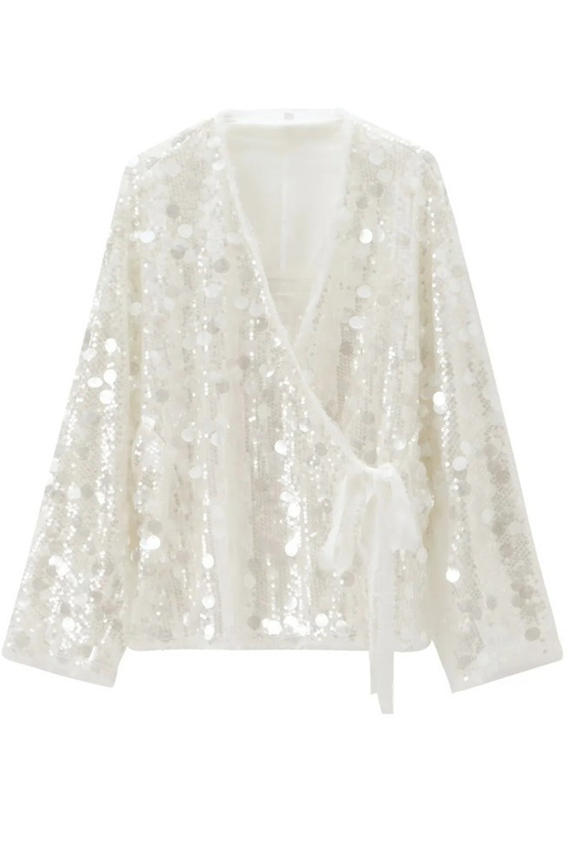 Casual Street Sequins Lace Up Sequined V Neck Tops - Fashionpara