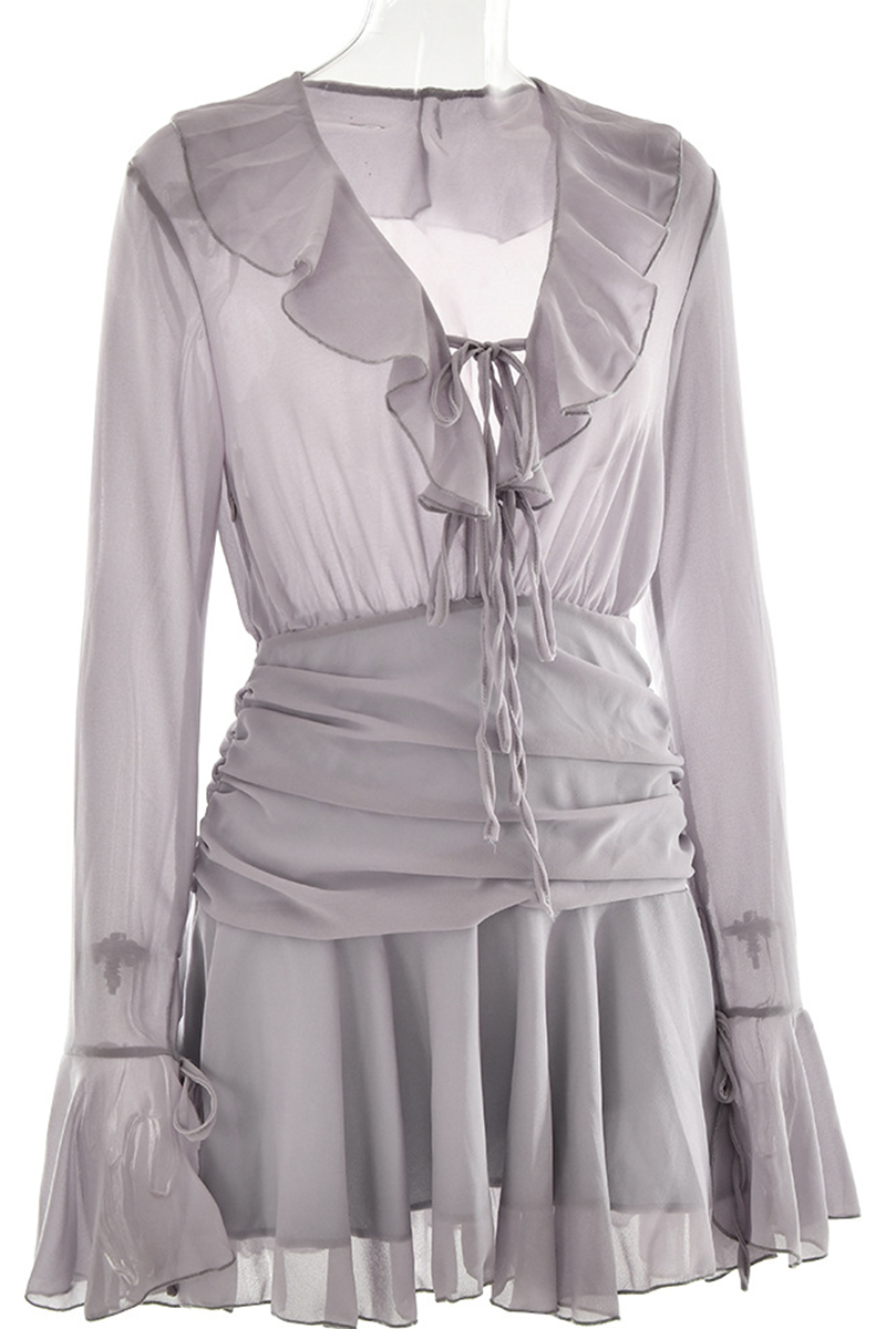 Sexy Lace Up Ruffle Ruched V Neck A Line Dresses - Fashionpara