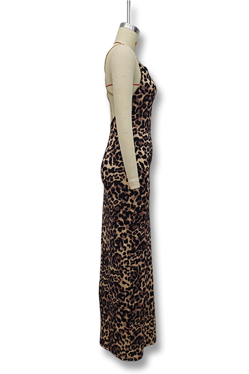 Sexy Leopard Print Chains Backless Slit Irregular V Neck Sling Dresses