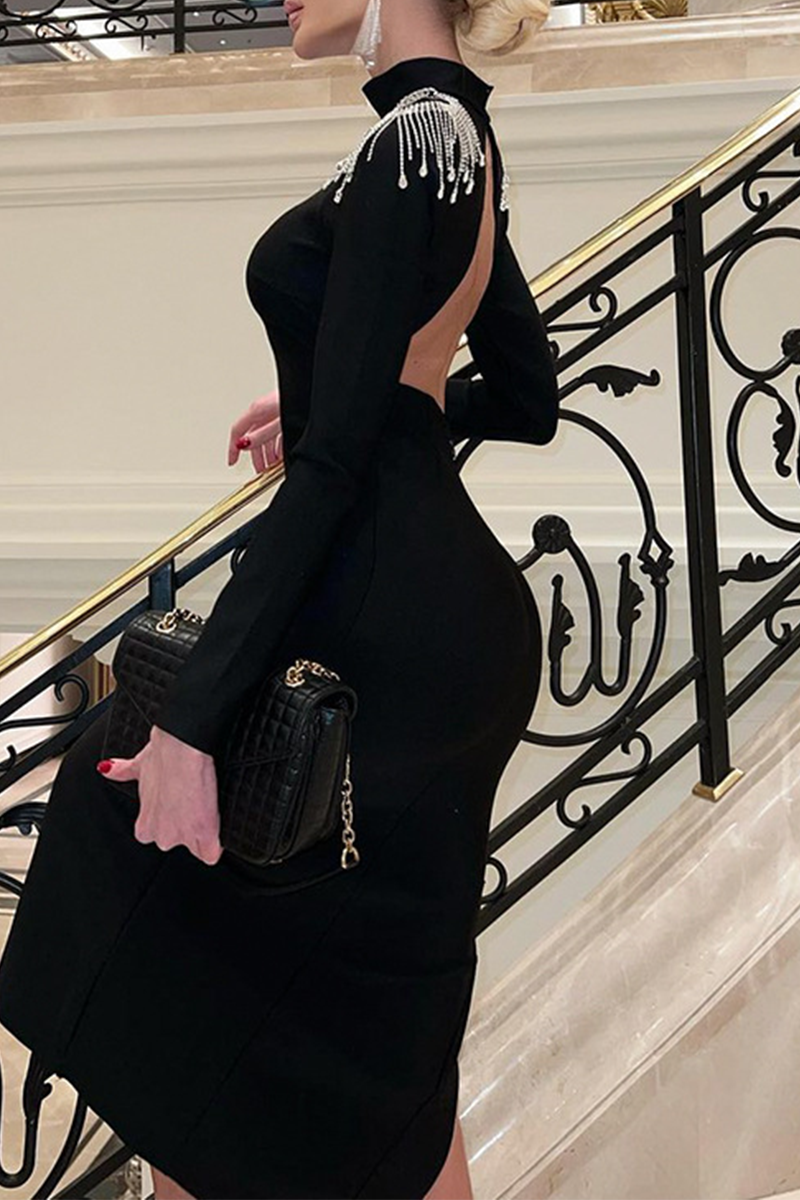 Elegant Rhinestone Fringed Trim Slit Turtleneck Wrapped Skirt Dresses - Fashionpara