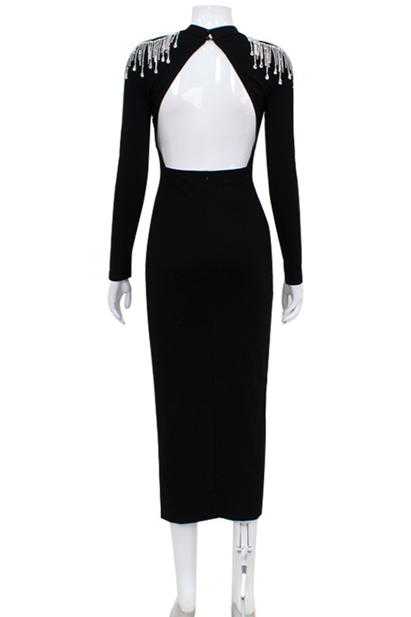 Elegant Rhinestone Fringed Trim Slit Turtleneck Wrapped Skirt Dresses - Fashionpara