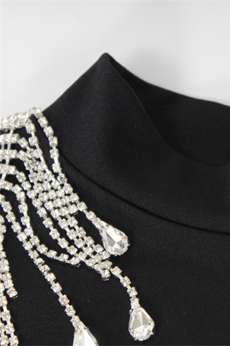 Elegant Rhinestone Fringed Trim Slit Turtleneck Wrapped Skirt Dresses - Fashionpara