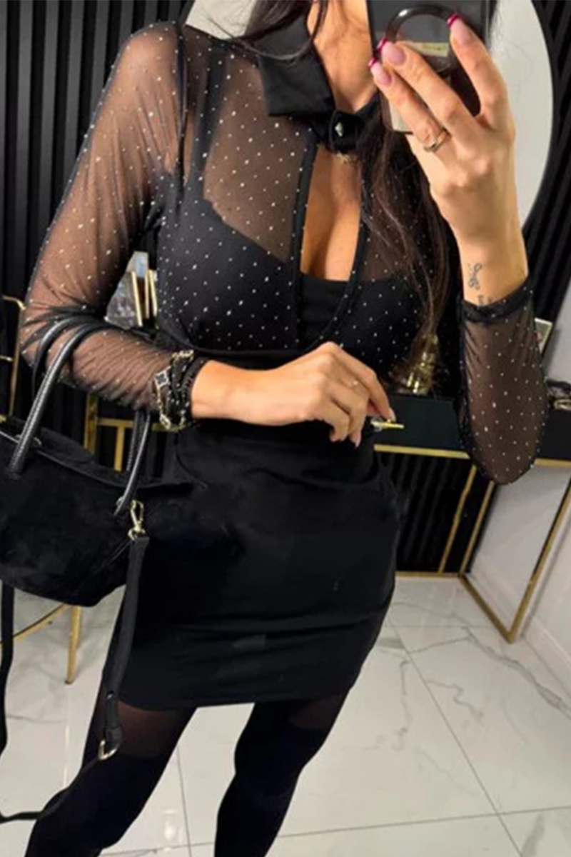 Sexy Buttons Mesh Hot Drill Turndown Collar Wrapped Skirt Dresses(3 Colors) - Fashionpara