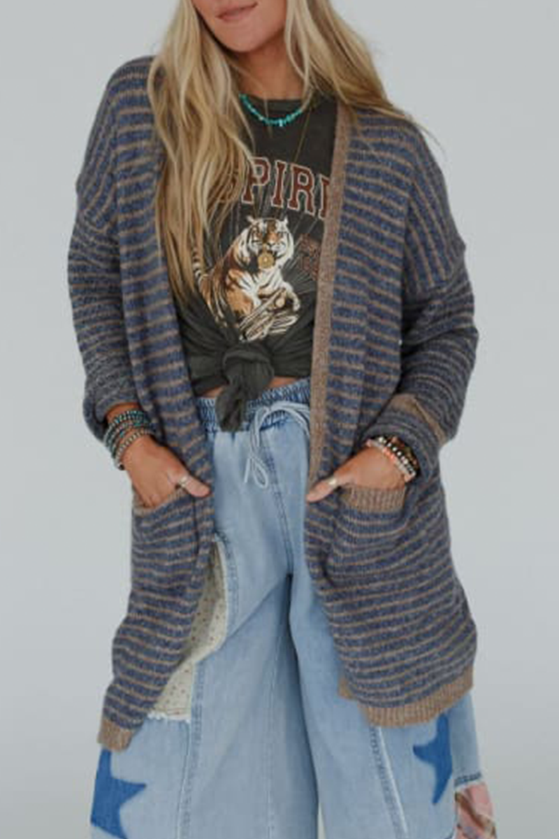 Stylish Striped Cardigan with Pocket Weave for All Seasons