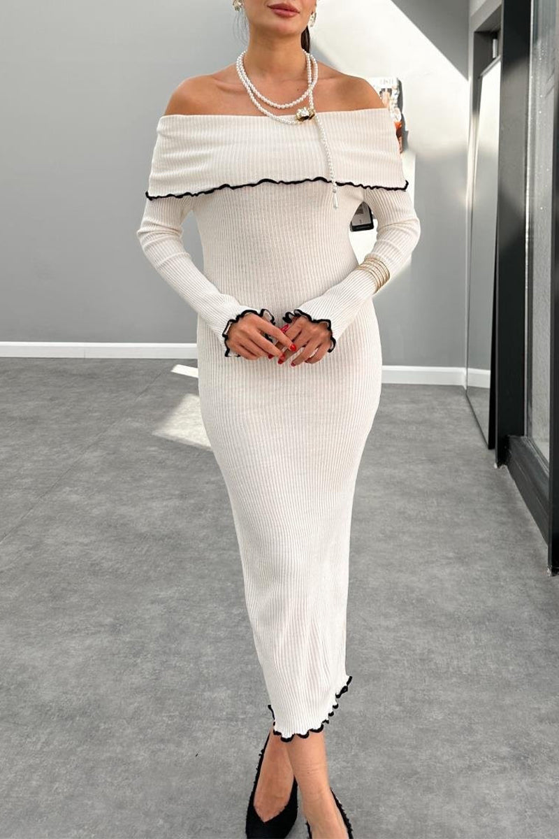Sexy Stringy Selvedge Contrast Off Shoulder One Step Skirt Dresses - Fashionpara