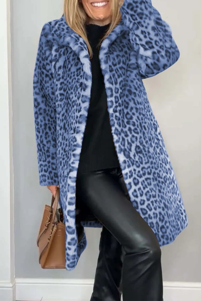 Fluffy Leopard Patchwork Turndown Collar Outerwear Jacket