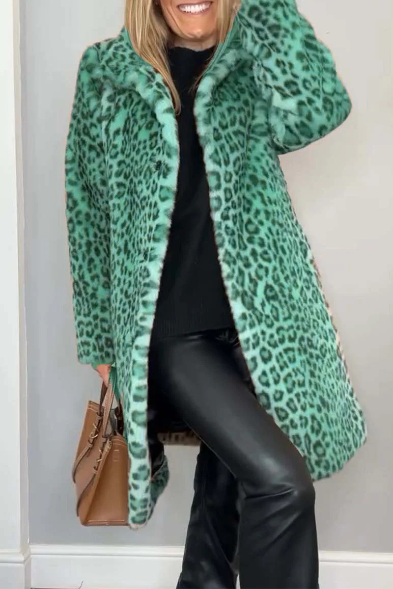 Fluffy Leopard Patchwork Turndown Collar Outerwear Jacket