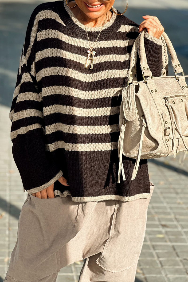 Florcoo Casual Stripe Weave Sweater with Contrast Neckline