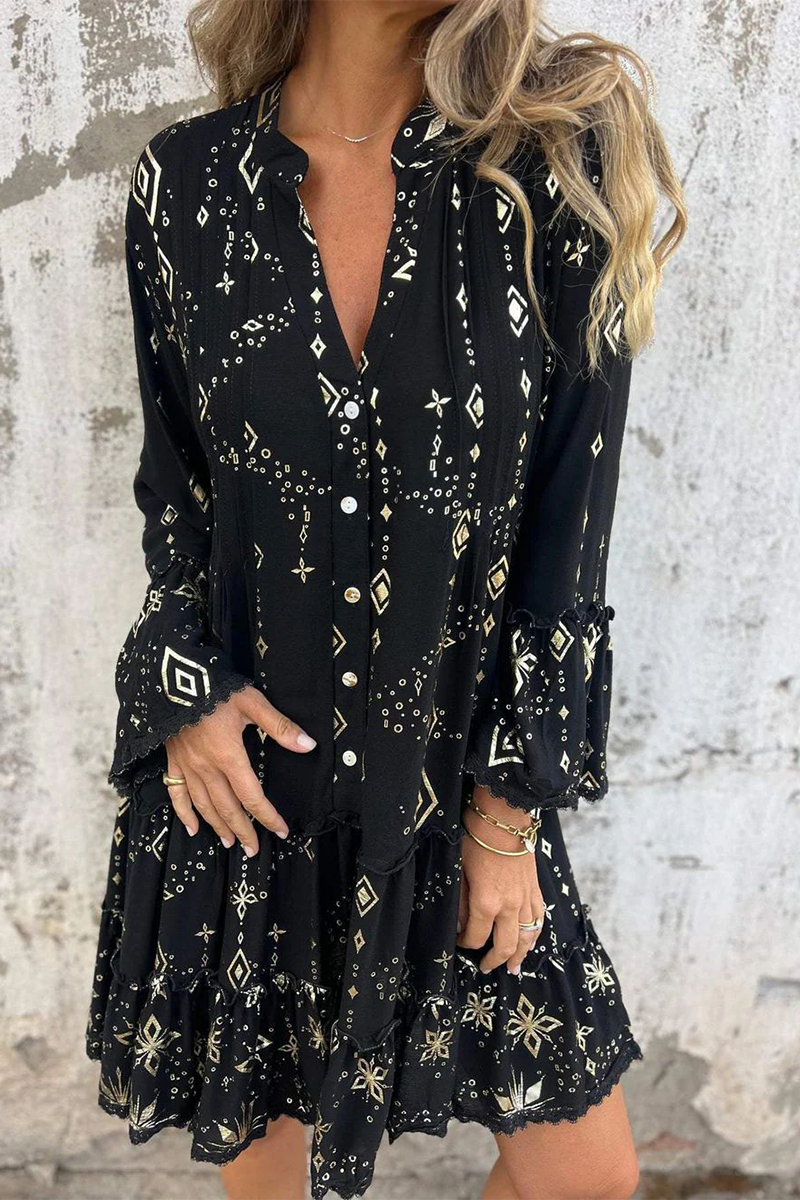 Casual Bronzing Pattern Patchwork Ruffle Contrast Button Collar A Line Dresses - Fashionpara