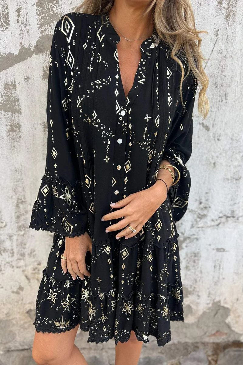 Casual Bronzing Pattern Patchwork Ruffle Contrast Button Collar A Line Dresses - Fashionpara