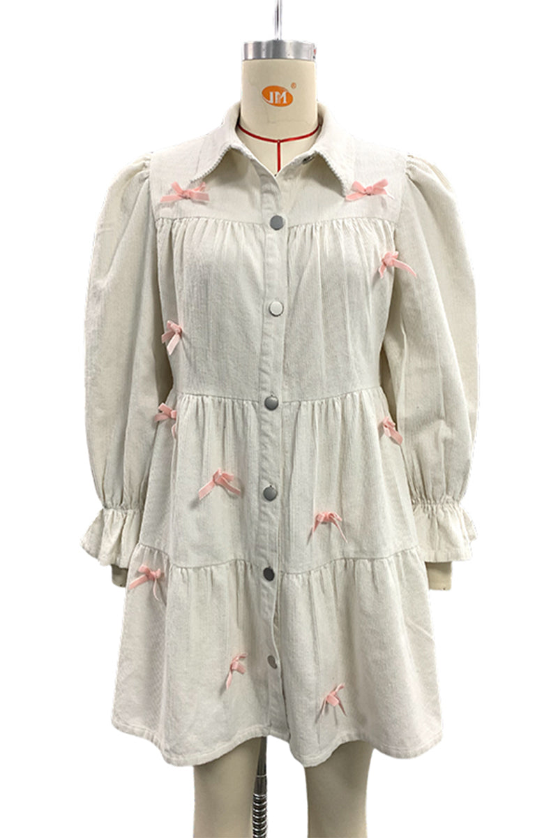 Elegant Buckle Bow Decor Contrast Turndown Collar A Line Dresses - Fashionpara