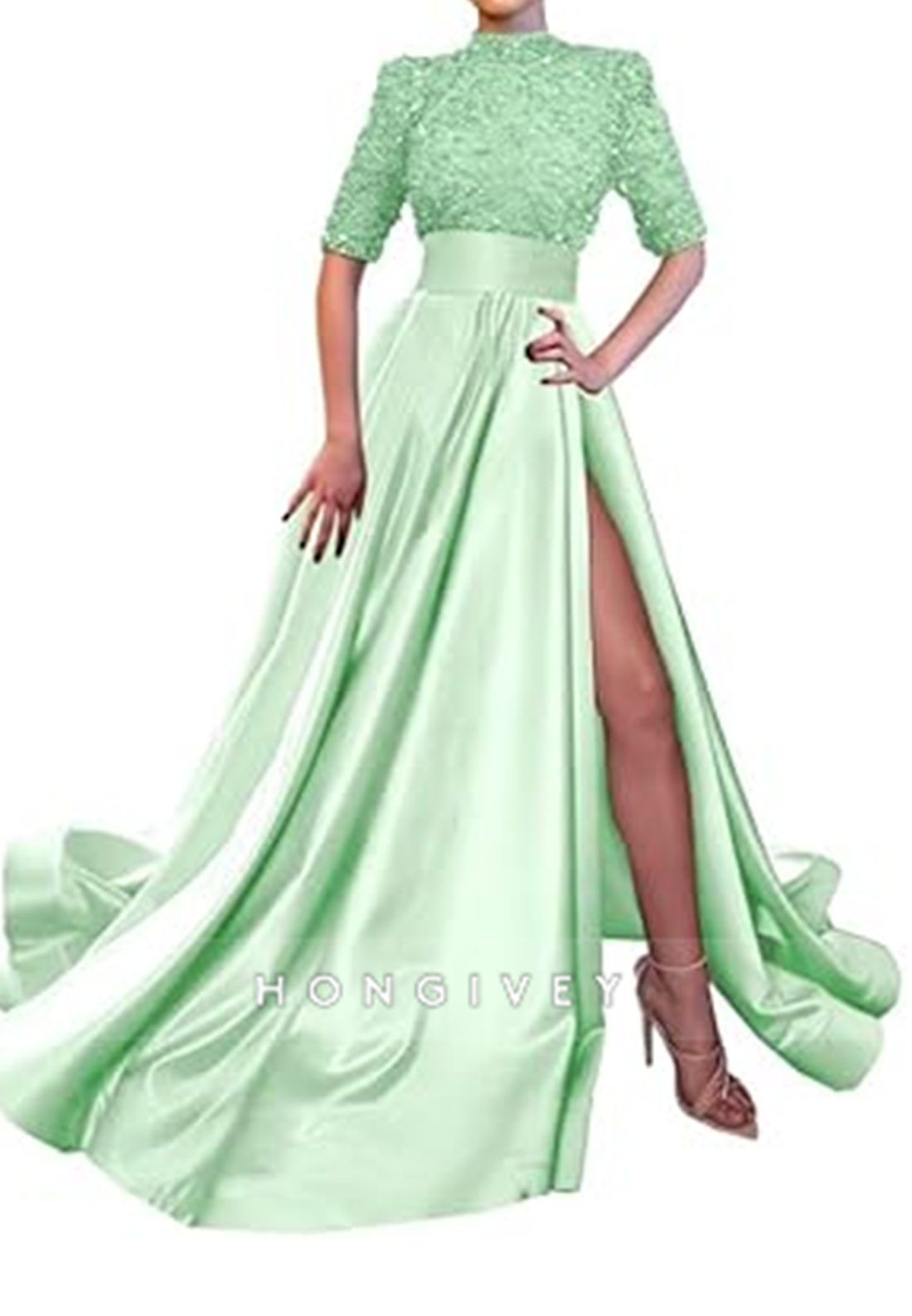 L0983 - Sparkly Sequined Paneled With Train and High Slit Prom Formal Evening Party Dress