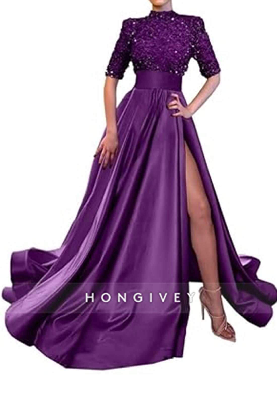 L0983 - Sparkly Sequined Paneled With Train and High Slit Prom Formal Evening Party Dress