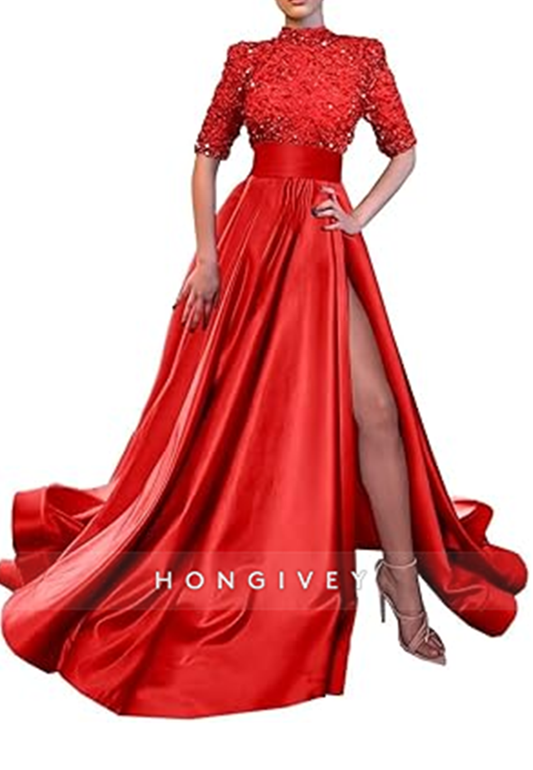L0983 - Sparkly Sequined Paneled With Train and High Slit Prom Formal Evening Party Dress