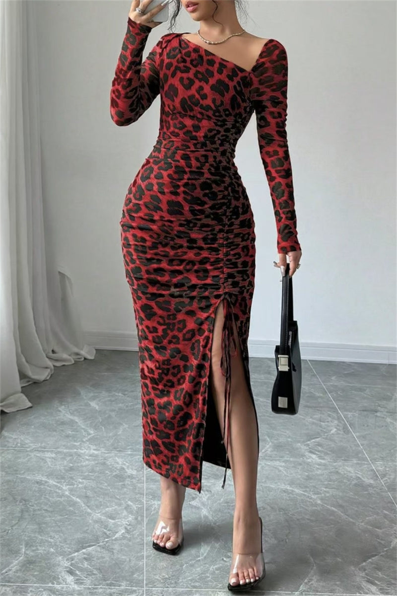 Sexy Casual Leopard Print Draw String Lace Up Slit Oblique Collar Long Sleeve Dresses(3 Colors)