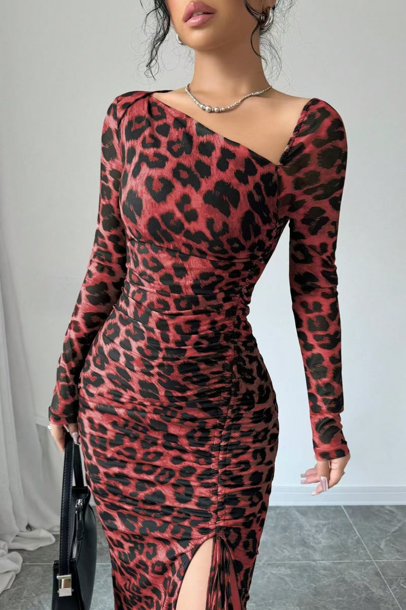 Sexy Casual Leopard Print Draw String Lace Up Slit Oblique Collar Long Sleeve Dresses(3 Colors)