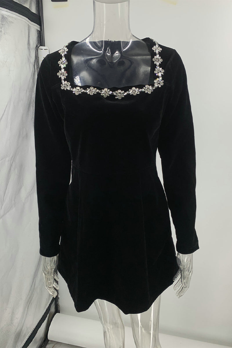 Elegant Pocket Rhinestone Decor Square Neck A Line Dresses - Fashionpara