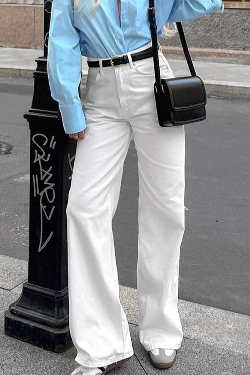 Casual Street Pocket Straight High Waist Straight Bottoms - Fashionpara