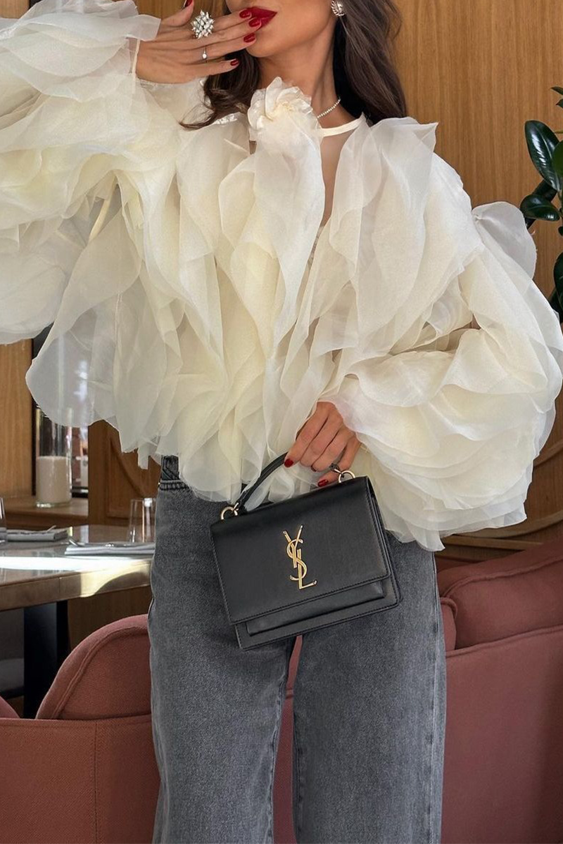 Elegant Irregular Stringy Selvedge Flower Shape O Neck Blouses