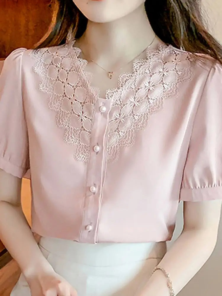 Solid Color V Neck Short Sleeve Office Blouse