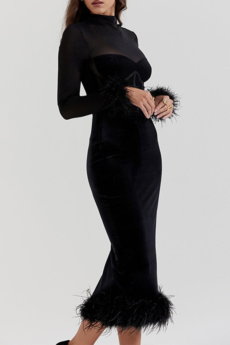 Sexy Mesh Feather Hemline Velvet O Neck Wrapped Skirt Dresses - Fashionpara