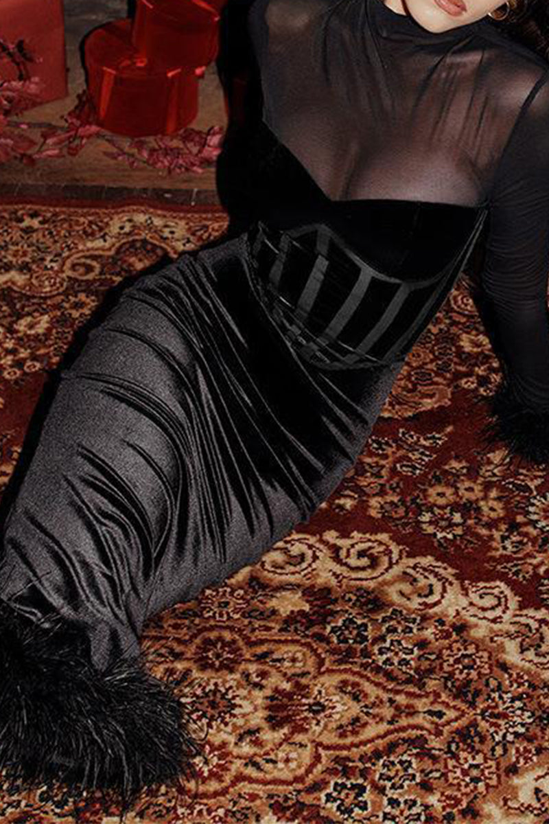 Sexy Mesh Feather Hemline Velvet O Neck Wrapped Skirt Dresses - Fashionpara