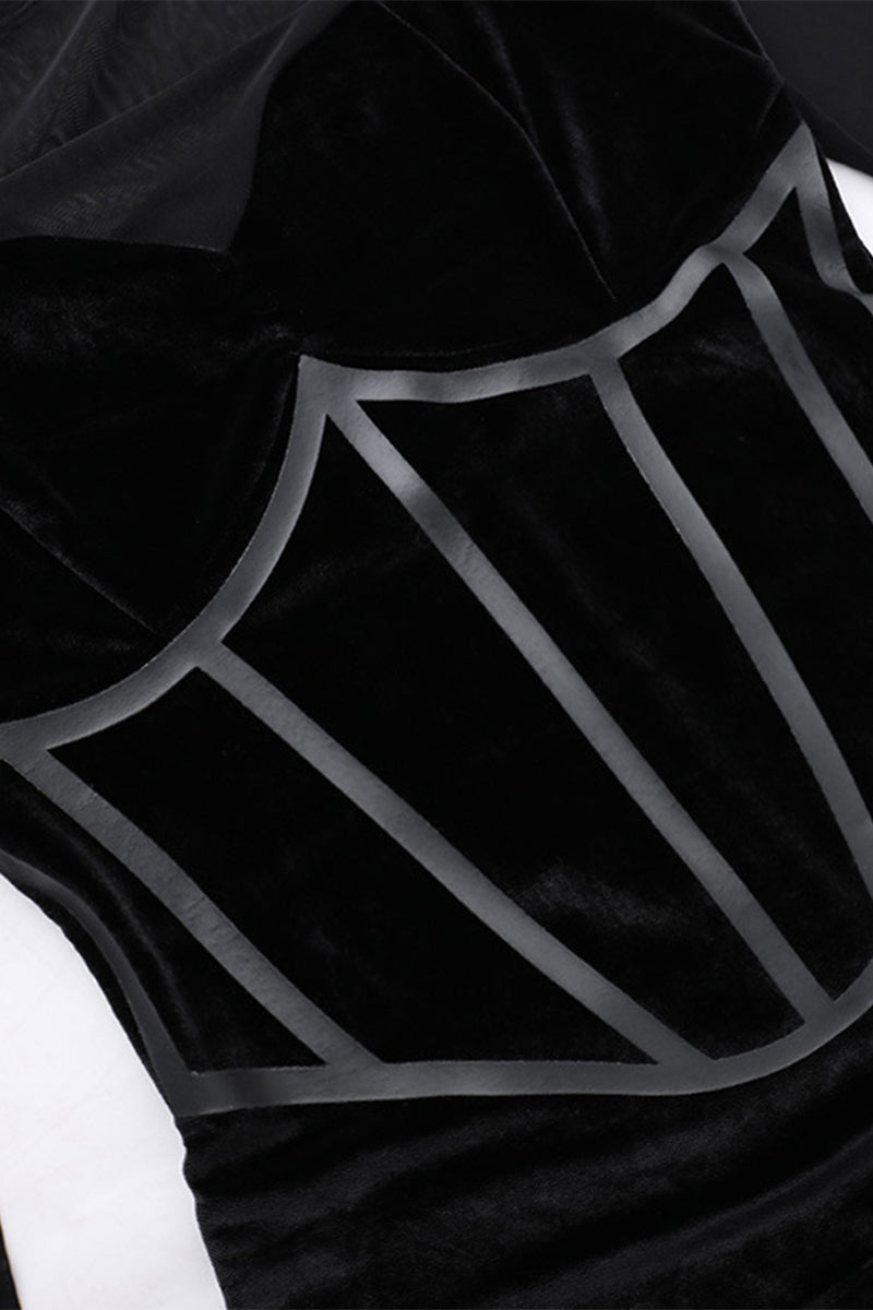 Sexy Mesh Feather Hemline Velvet O Neck Wrapped Skirt Dresses - Fashionpara