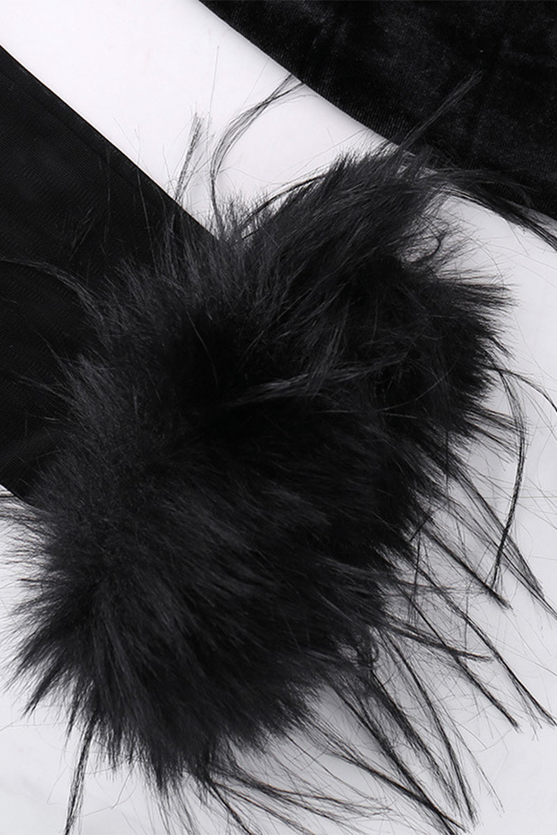 Sexy Mesh Feather Hemline Velvet O Neck Wrapped Skirt Dresses - Fashionpara