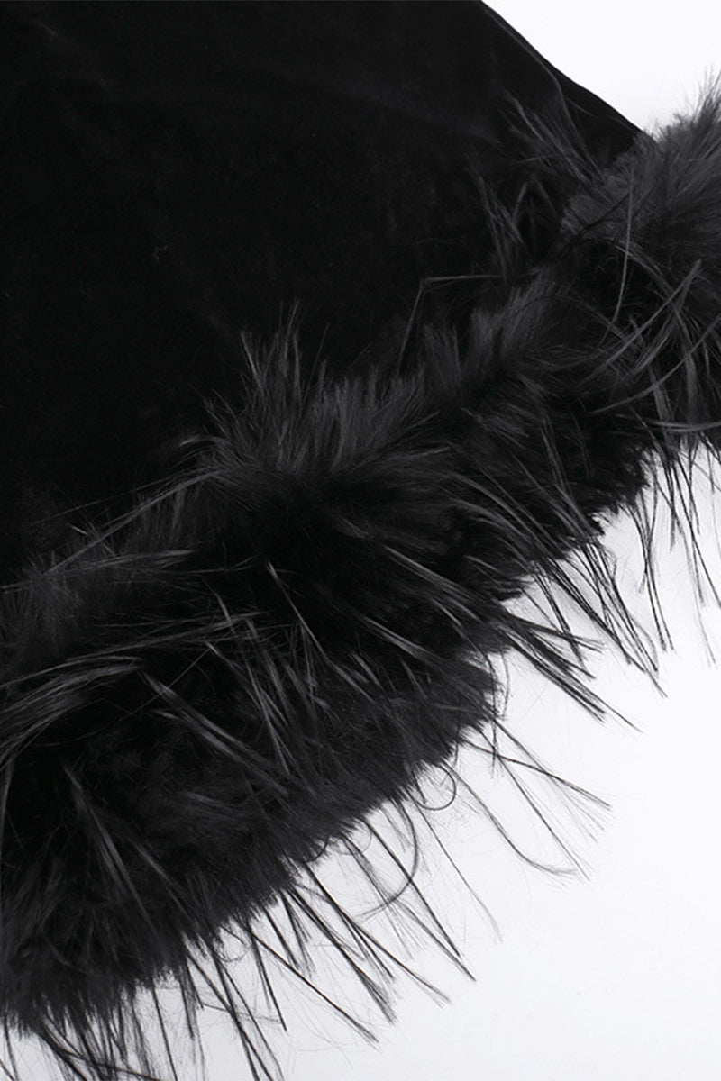 Sexy Mesh Feather Hemline Velvet O Neck Wrapped Skirt Dresses - Fashionpara