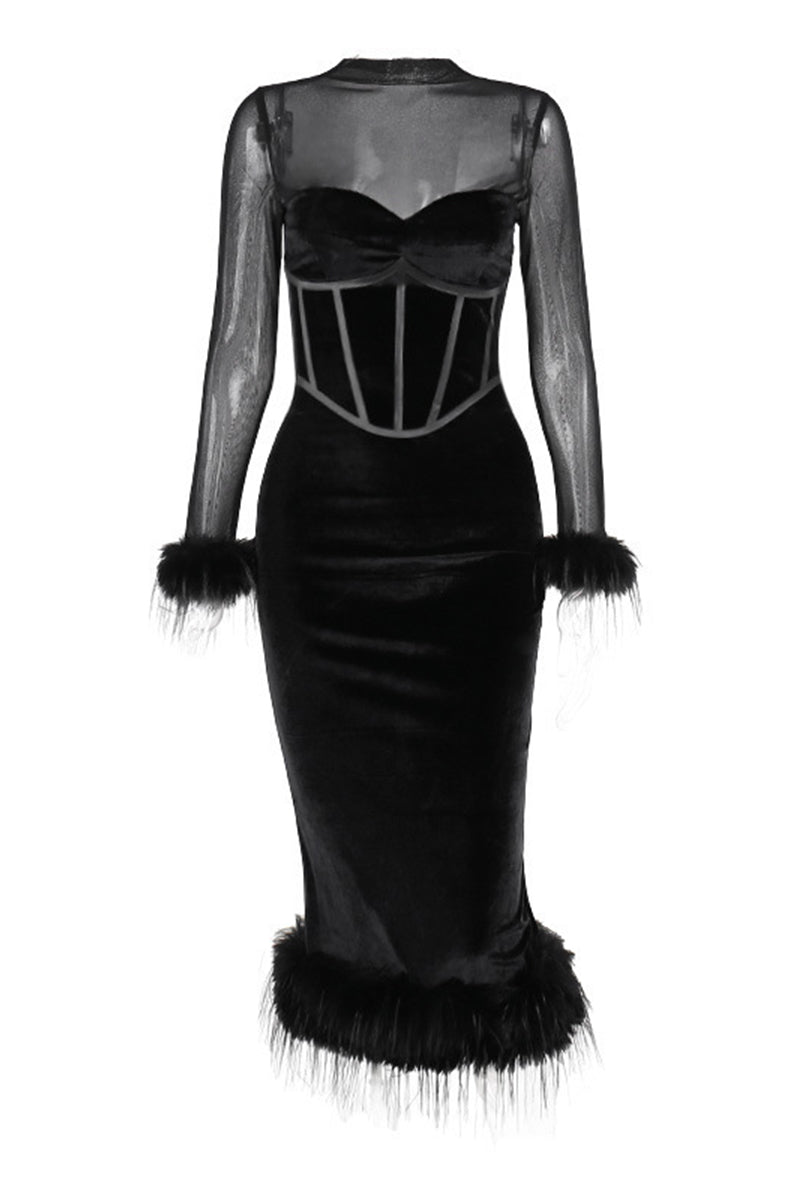 Sexy Mesh Feather Hemline Velvet O Neck Wrapped Skirt Dresses - Fashionpara