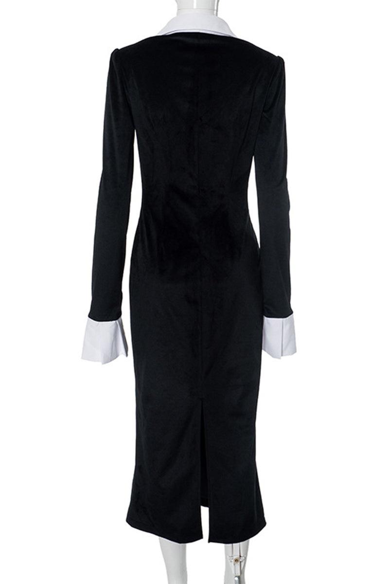 Elegant Zipper Contrast Turndown Collar One Step Skirt Dresses - Fashionpara