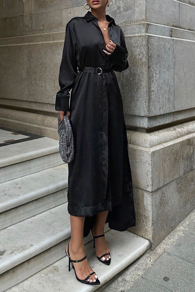 Elegant Lace Up Buckle Adjustable Turndown Collar Shirt Dresses - Fashionpara