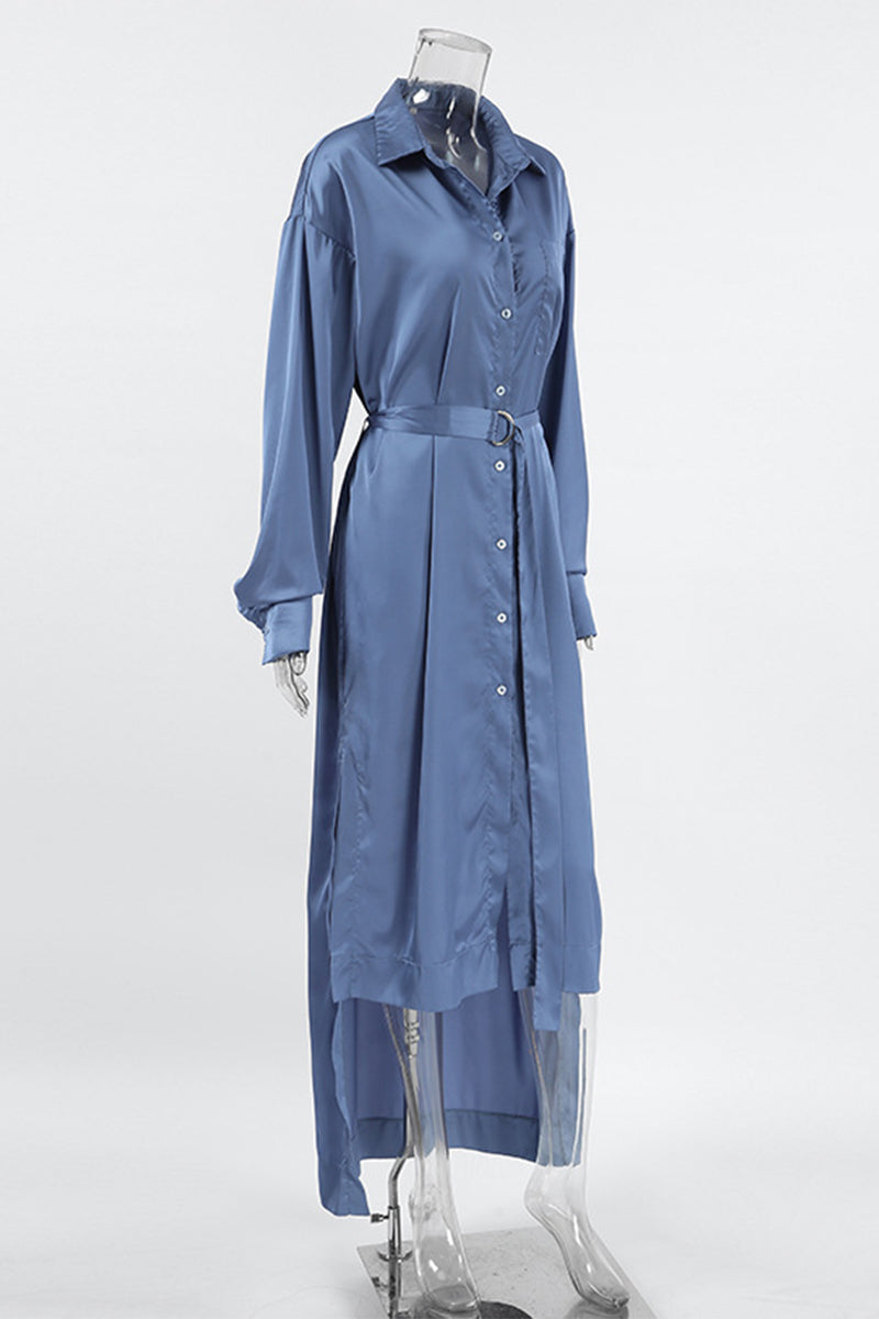 Elegant Lace Up Buckle Adjustable Turndown Collar Shirt Dresses - Fashionpara