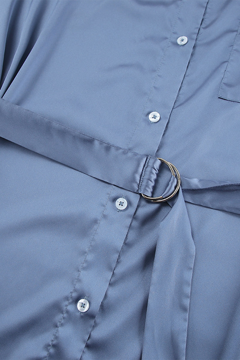 Elegant Lace Up Buckle Adjustable Turndown Collar Shirt Dresses - Fashionpara