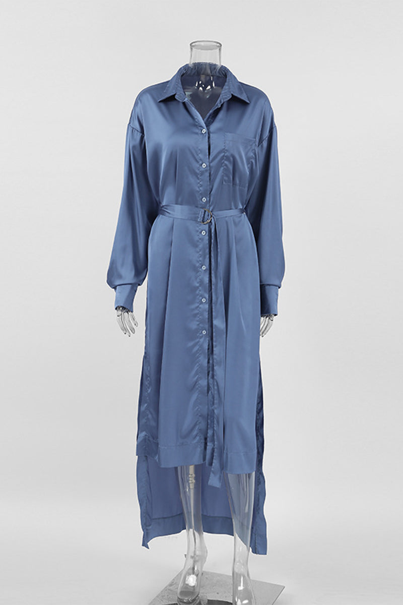 Elegant Lace Up Buckle Adjustable Turndown Collar Shirt Dresses - Fashionpara