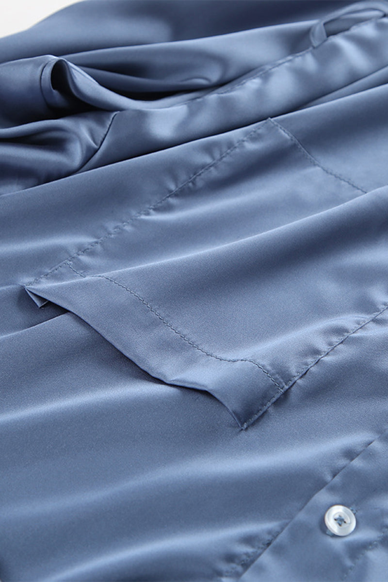 Elegant Lace Up Buckle Adjustable Turndown Collar Shirt Dresses - Fashionpara